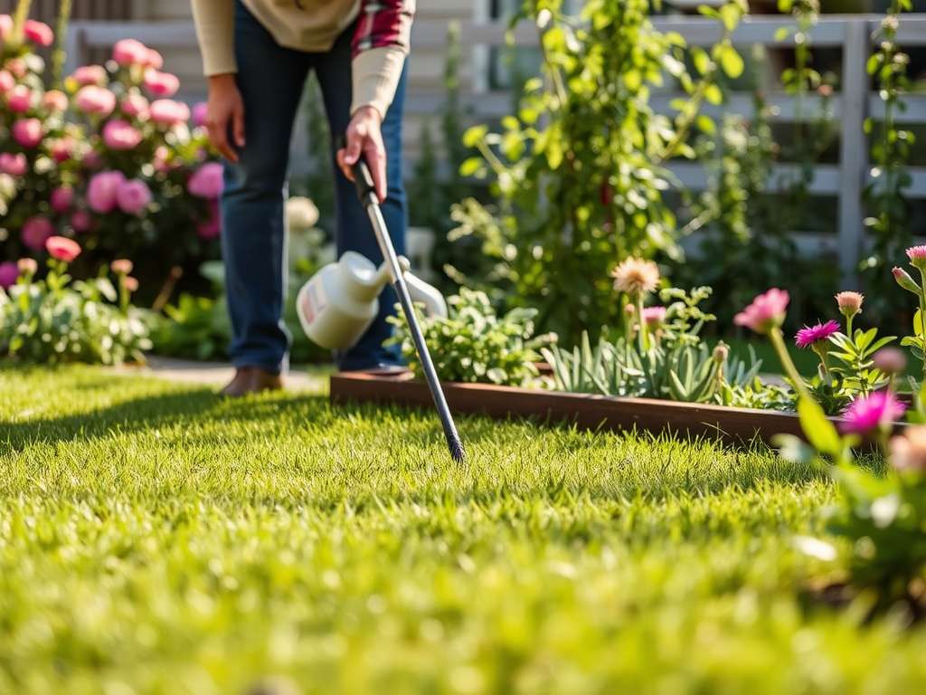 A person waters vibrant flowers and green grass in a sunny garden, surrounded by blooming plants and shrubs.