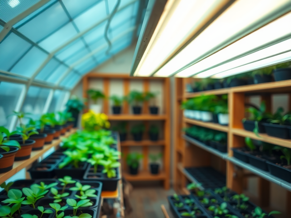 A greenhouse featuring various potted plants on shelves, illuminated by bright overhead lights.