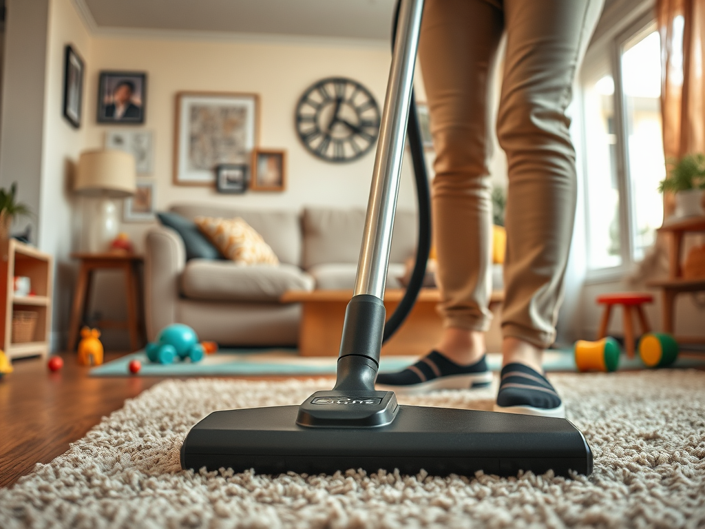 A person vacuuming a carpet in a cozy living room filled with toys and decorative items.