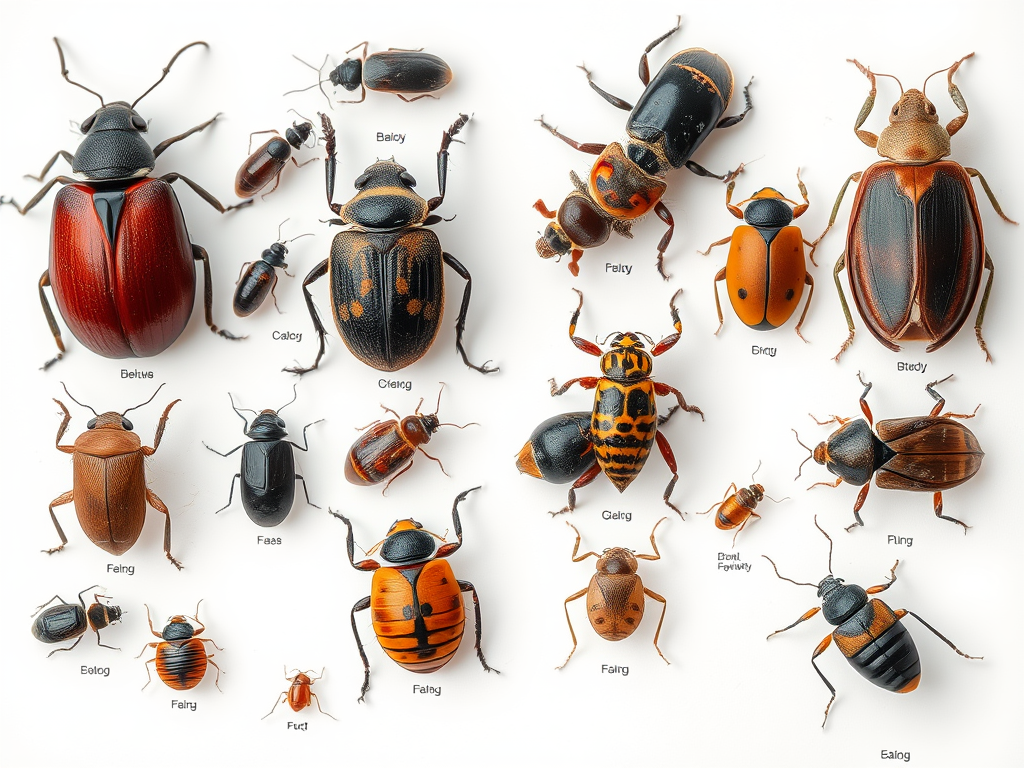 A variety of labeled beetles displayed on a light background, showcasing different sizes and color patterns.