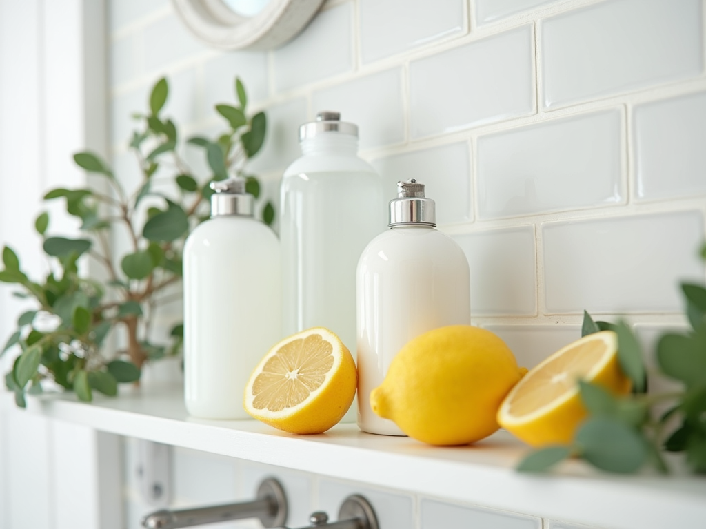 Three white bottles next to fresh lemons on a kitchen shelf, with a backdrop of white tiles.