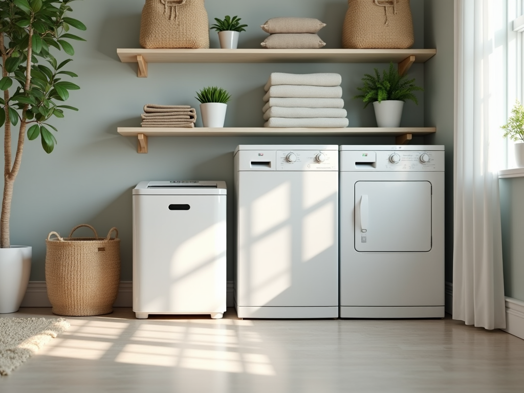 A serene laundry room with a washer and a dryer under shelves with towels and plants.