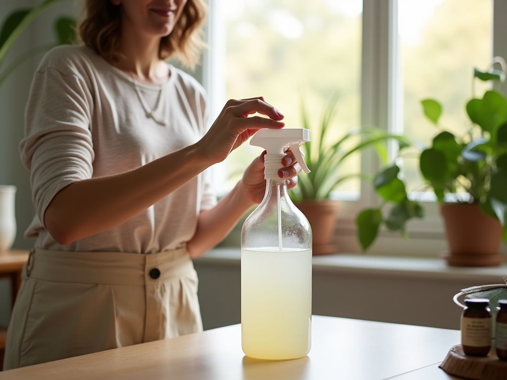 Woman spraying liquid from a bottle in sunlit kitchen filled with plants.