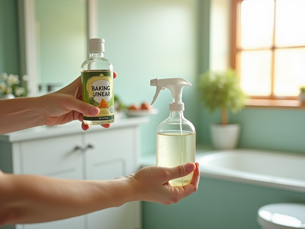 Hands holding a bottle of baking vinegar and a spray bottle in a bright kitchen.