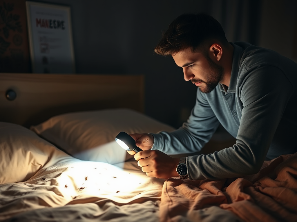 A man inspects a bed with a flashlight, focusing on something on the sheets in a dimly lit room.